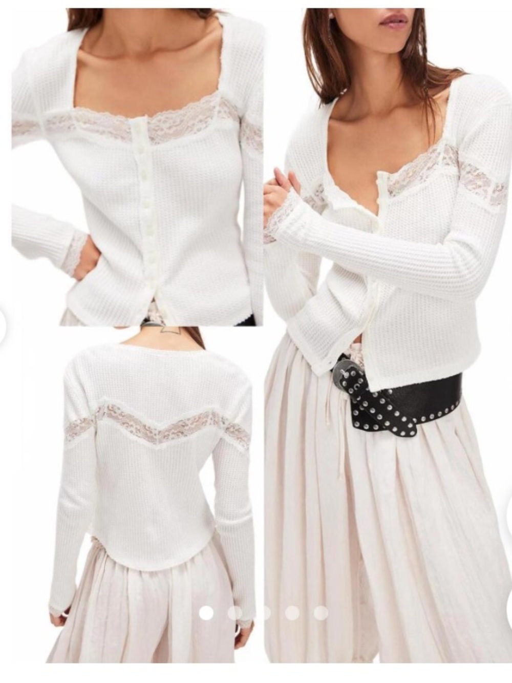 Free People White Lace-Trim Waffle Knit Cardigan